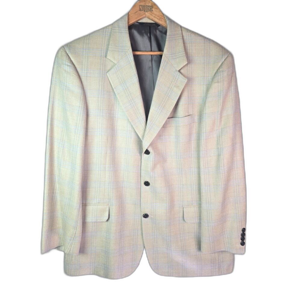 Tom James Innocenti Oro Mens Sport Coat 40R Pale Yellow Blue Plaid Tailored